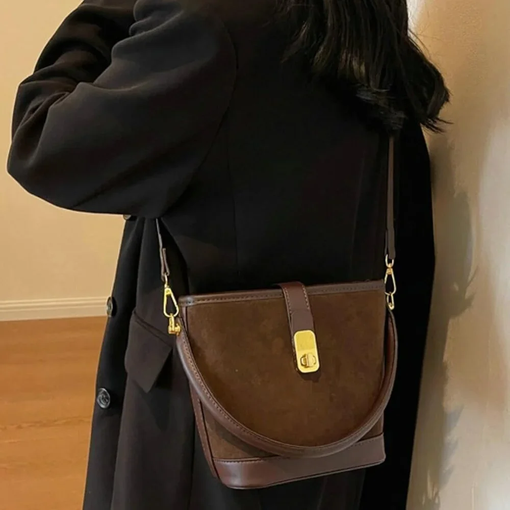 Suede Buckle Bag for Women Vintage Small Crossbody Shoulder Purse - Picture 4 of 7